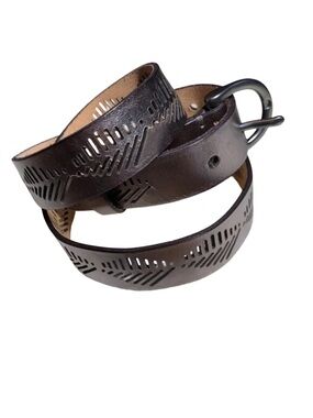 💋Fossil Metallic Pewter Leather Belt - Pierced Leaf Design - Size Large